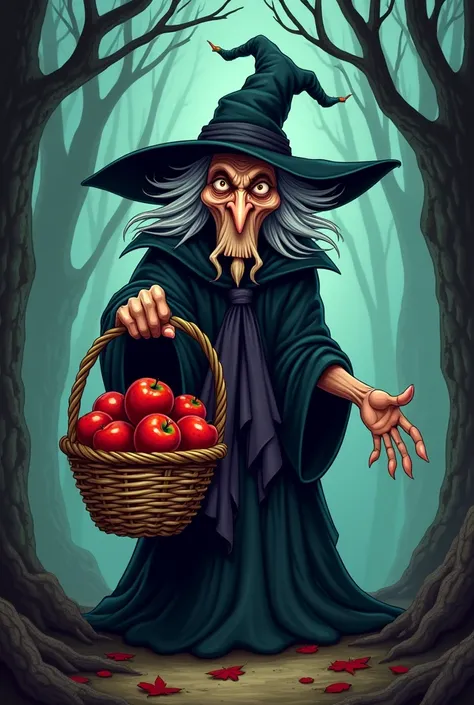 Create Snow White&#39;s witch with apple basket in hand in cartoon
