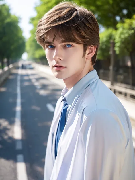 A male with white skin, light brown hair, blue eyes, fine features, wearing a shirt, standing on a road