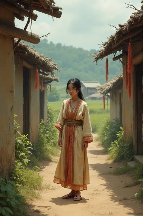 A young woman in traditional village attire, looking slightly out of place, standing in a rustic village setting surrounded by fields and huts.