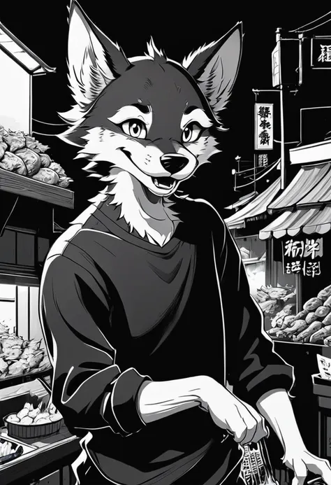 Black and white comics、Japanese Manga、Monochrome、 Conversation scene、Comical werewolf wearing a long sleeved black shirt、A delicious looking cartoon of meat appears before your eyes、Happy Face、smile、cute、