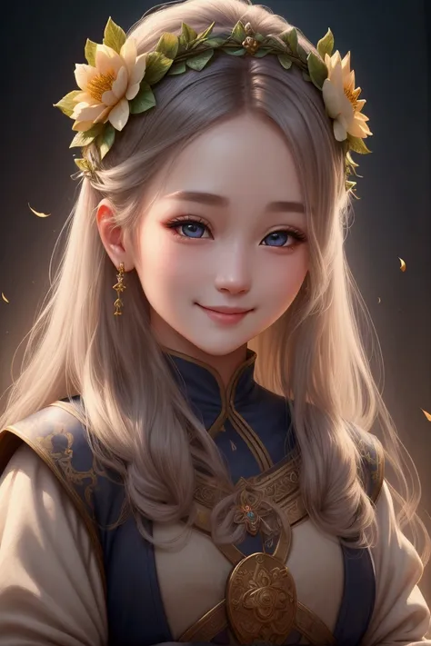 1 beautiful dulahan girl、holding her head and smiling gently、detailed face and eyes、detailed hair、detailed flower crown、medieval...