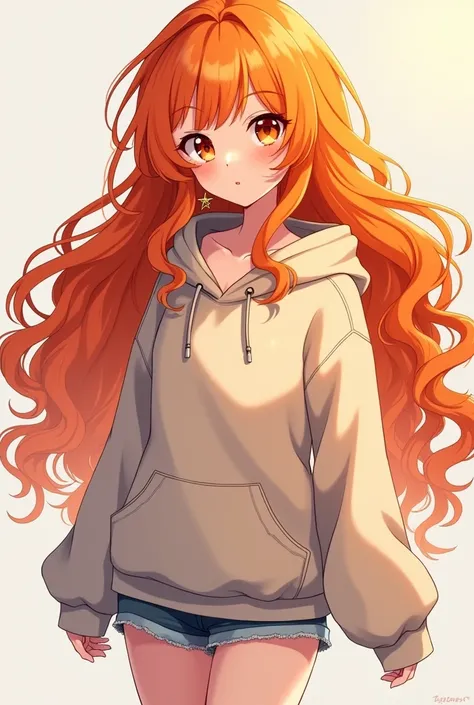 One girl, Curly, fluffy, long hair、Waist length、Bangs、Hair color is orange、Her chest is a C cup、He was wearing a baggy hoodie and short shorts.、Earrings, anime, 