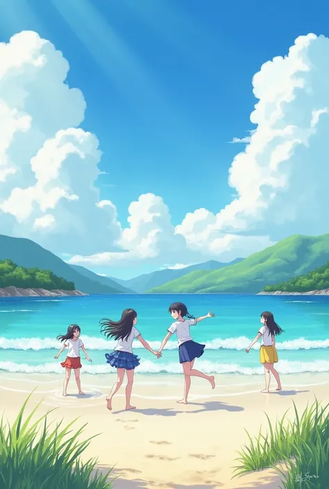 Makoto Shinkai Style　Sea in the countryside in summer　High school girls playing on the beach　Watercolor style　Cumulonimbus