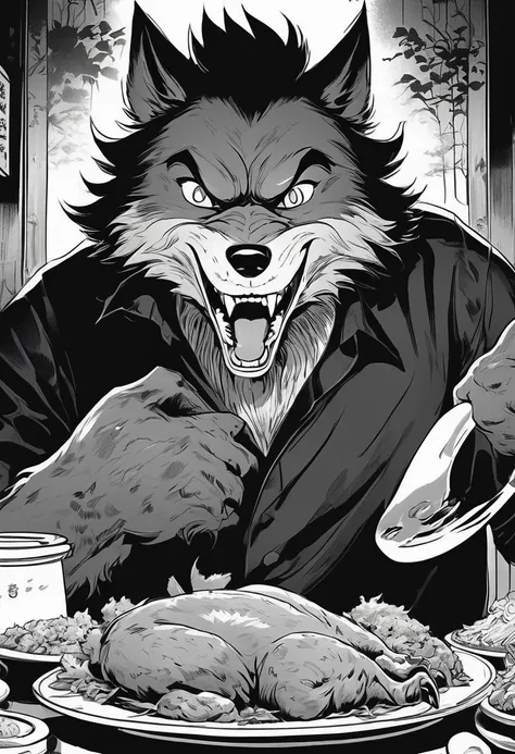 black and white comics、japanese manga、monochrome、 conversation scene、comical werewolf wearing a long sleeved black shirt、a delic...