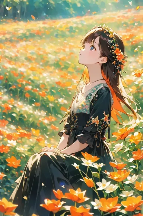 (best quality, finely detailed beautiful eyes, highres, beautiful detailed face), 1girl, solo, alone, long hair, hair ornament, flower ornament, jewelry, gems, flowers, boots, black dress, gothic lolita dress,  flower field, , iridescent color, vibrant col...