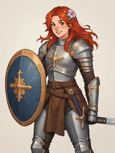 wh33z13, 1woman, red hair, long hair, dressed in medieval armor, armored thighs, flower in hair, brown cloth, wide smile, happy, sword, shield, combat cleric, paladin, armor on legs, chainmail, teen, young, armor on thighs, armored legs, leather under armo...