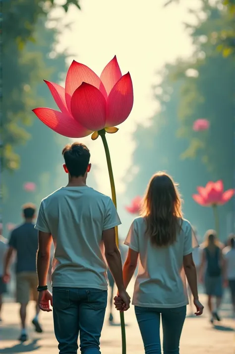 Red colour lotus bud tshirt people go to foring 