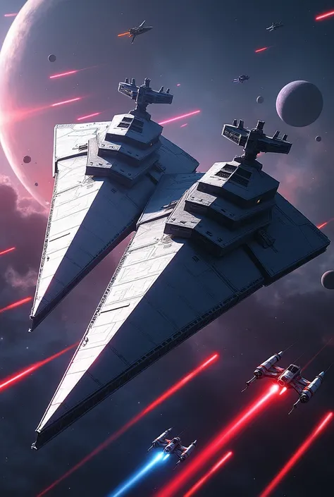 In the middle of a galactic battle, two massive Star Destroyer-style ships hover ominously in the starry void, their angular forms cutting through space like titans of war. They are locked in combat, with vibrant beams of red and blue laser fire crisscross...