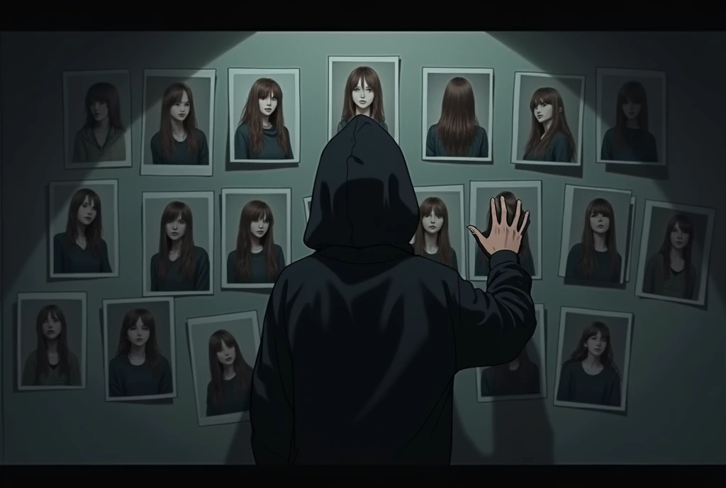 (1 guy wearing a black hoddie and covering his hair with the hood), ((Shot from behind him), (his hand on the wall fulled with anime girls numerous different photo who has a long brown hair), (dimly lit room), ((Anime style))