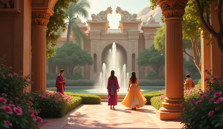 In a bustling palace garden filled with vibrant flowers and ornate fountains, a beautiful princess walks gracefully, surrounded by her attendants. Hidden behind a pillar, a young Aladdin watches her in awe, love and determination in his eyes."