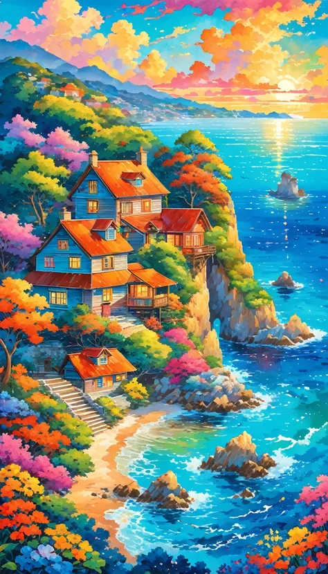 painting of a house on a cliff overlooking the ocean, colorful landscape painting, scenery artwork, dream scenery art, overlooking the ocean, scenery art detailed, amazing landscape, fantastic landscape, detailed painting 8 k, vibrant gouache painting scen...