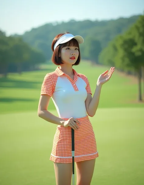 kb3auty, cinematic film still of korean woman walking on the beach she has brown pixie cut short hair, The lips are slightly thick, She is wearing bright lipstick and smiling softly.. She stands alone on the golf course, facing the viewers.. She is wearing...