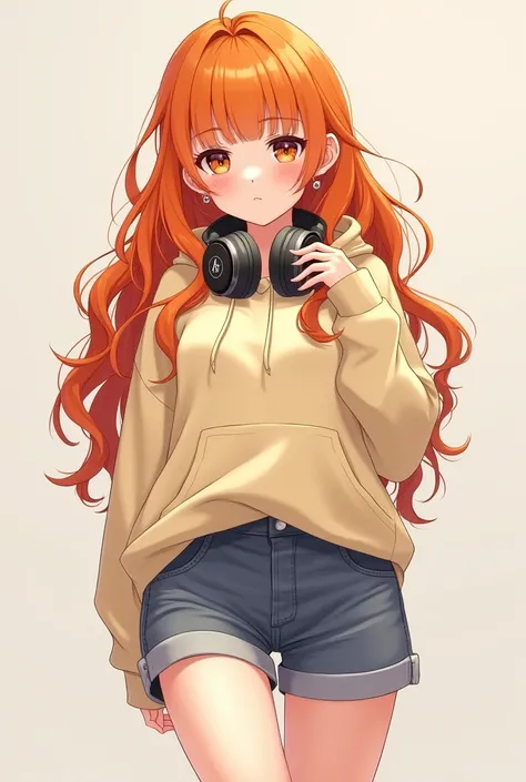 One girl, Curly Hair Long、Waist length、Bangs、Hair color is orange、Her chest is a C cup、He was wearing a baggy hoodie and short shorts.、Earrings, Headphones on neck、anime, 