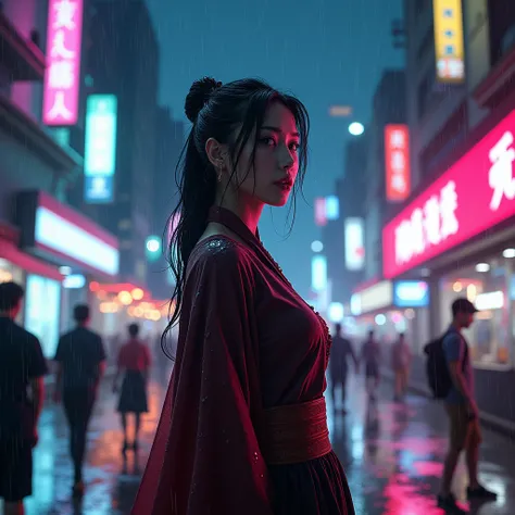 Asian Woman　Night City　Standing in the rainy city