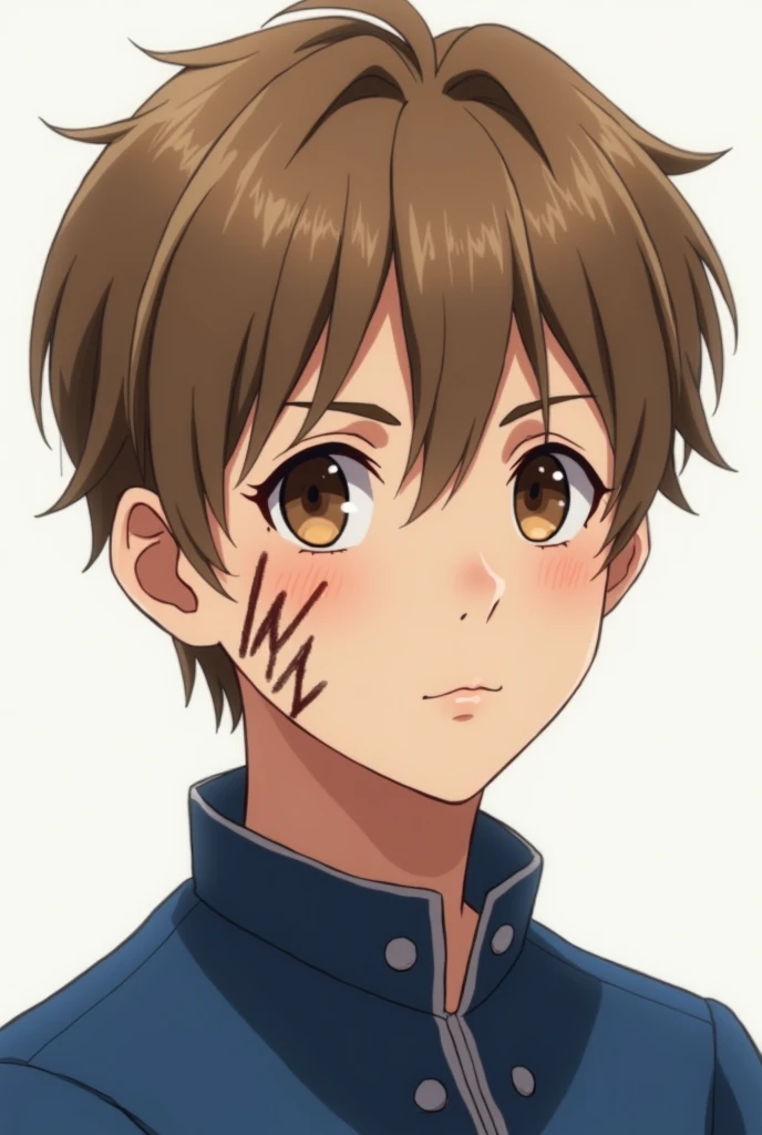 A pale-skinned boy, with a scar scar on the left cheek (around 5 centimeters), brown eyes, light brown hair and round face. The age is around 16- and he wears a blue academy uniform.. realistic style