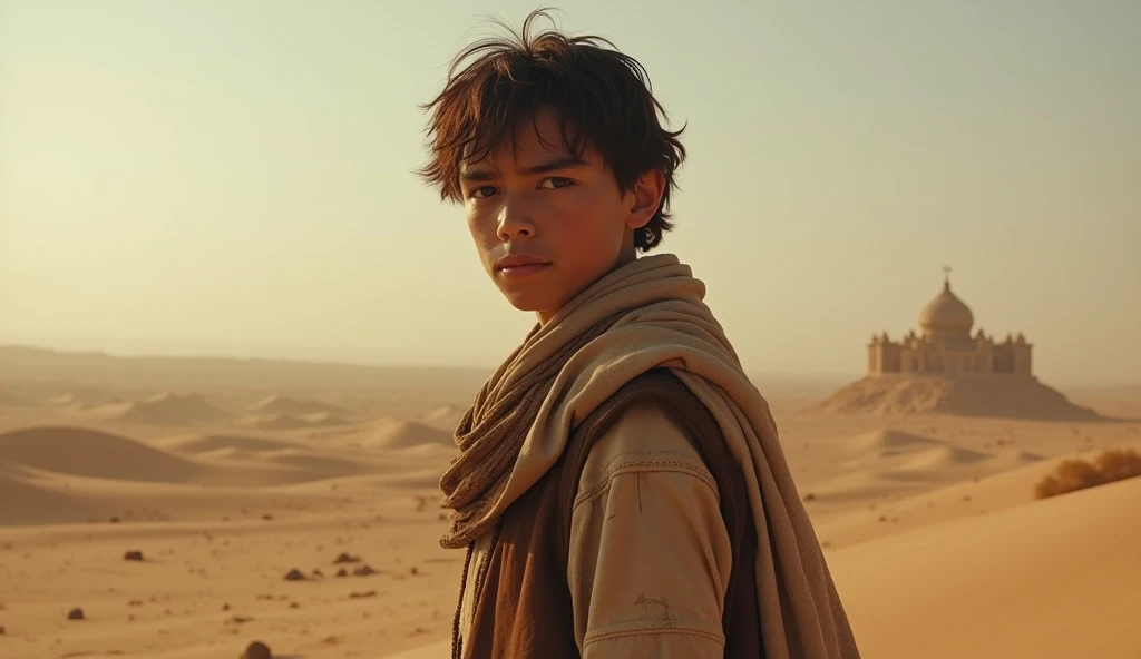 A sorrowful Aladdin, dressed in travelers garb, stands on a barren, windswept landscape, gazing towards the horizon where his stolen palace once stood. His face is full of determination as he begins his journey to reclaim his love and his kingdom."
(Aladdi...