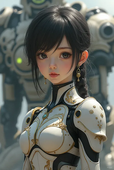 A detailed illustration of a girl wearing an extremely intricate and detailed Evangelion costume., with a big mechanical robot in the background, highly detailed skin texture., Beautiful and extremely detailed facial features., complex and hyper-detailed