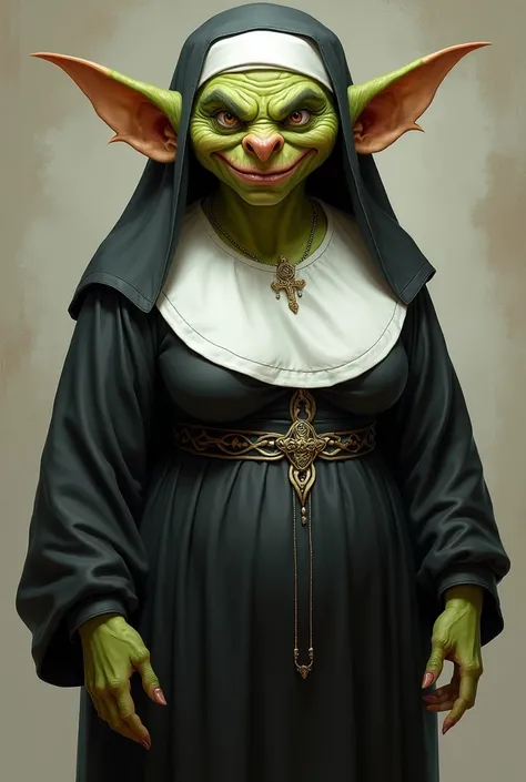 Busty female goblin wearing nun outfit 