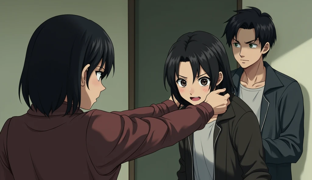 An older woman with black hair slaps a young man in a room. Another young man with black hair stands nearby, looking shocked.