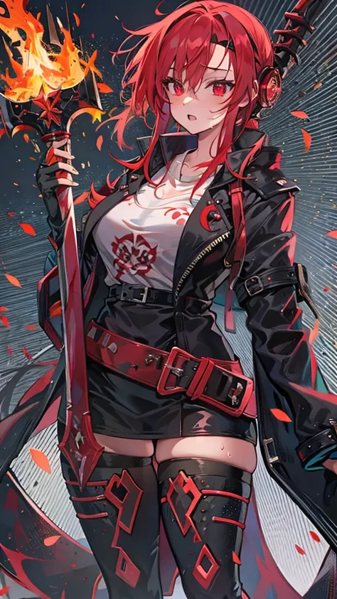 Flaming Two-Handed Axe,Best Quality, Textured skin, Red Hair, Flame-shaped headband,Low ponytail, Red eyes, Double teeth, Black happi coat,Sarashi on the chest,Dripping Sweat,Character portrait, anime, Bad Girl,Belligerent,Shiny Hair, 