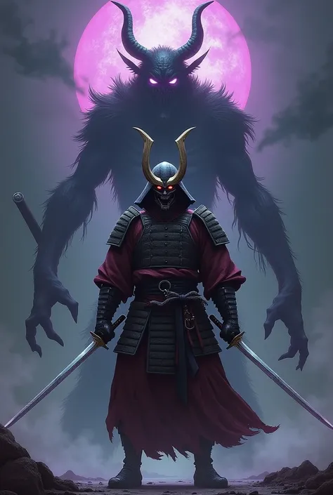 Samurai wearing demon mask grabbing two katana walking with purple demon with two head grabbing a katana walking behind the samurai 