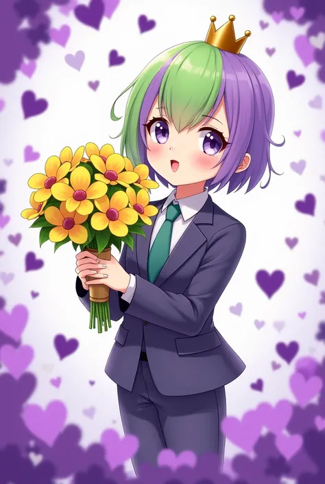 Young animated style dressed in a suit, hair half green and half purple, with a bouquet of yellow flowers, with purple hearts around, and with a crown on his head 