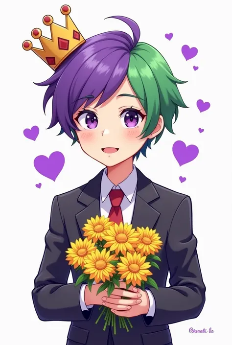 Young man in cartoon style dressed in suit, hair half green and half purple, with a bouquet of yellow flowers, with purple hearts around, and with a crown on his head 