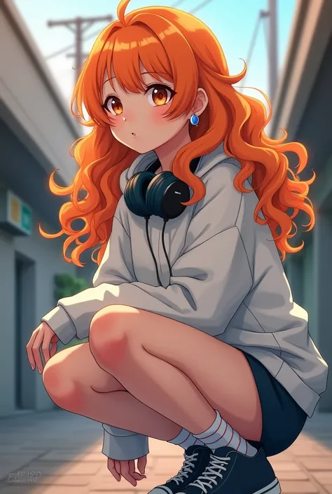 One girl, Curly Hair Long、Waist length、Bangs、Her hair is orange、Her chest is a C cup、He was wearing a baggy hoodie and short shorts.、Earrings, Headphones on neck、anime, squat