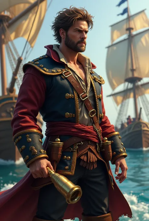 A pirate captain with a golden spyglass, with short brown hair, at the dock with 4 ships 