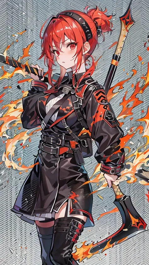 A huge, flaming two-handed axe,Best Quality, High school girl,Textured skin, Red Hair, Flame-shaped headband,Low ponytail, Red eyes, Double teeth, Black happi coat,Sarashi on the chest,Dripping Sweat,Character portrait, anime, Bad Girl,Belligerent,Shiny Ha...