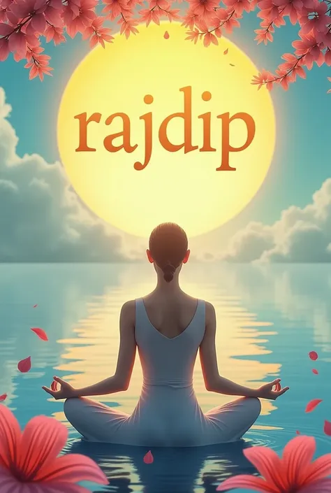 Shiv beautiful meditation picture, in background beautiful yellow sun or blue sky ,, and many small red, pink of flowers are falling,, in the upper side a text of 3d i.e.- 
 Rajdip 