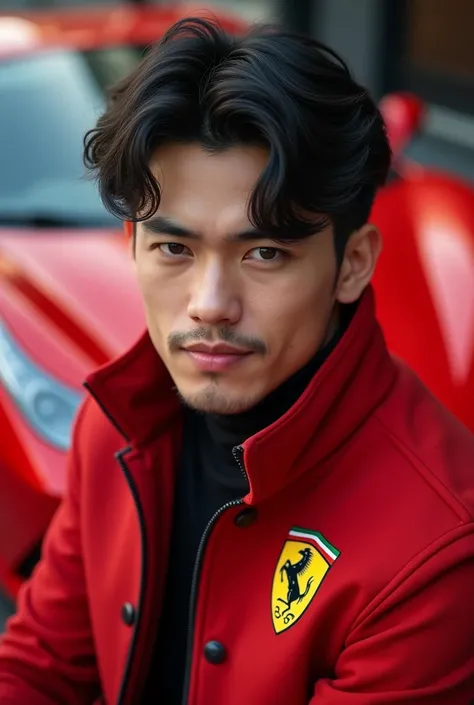 Handsome cute white man, wearing a Ferrari coat, realistic, close up picture, black fluppy hair, Ferrari car background