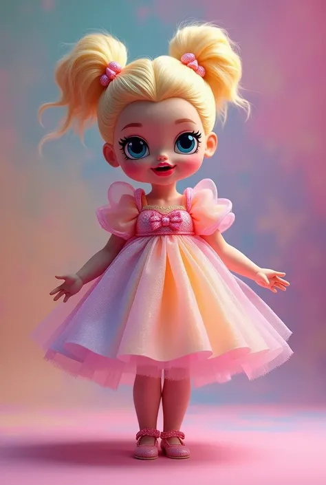 body not cropped, full length, red plump lips, realistic, looks like a living, funny, LOL doll girl, with blue eyes, blonde with lush hair tied up in a hairstyle, in a lush transparent rainbow dress, big transparent bow, smiles and makes a face, beautiful ...