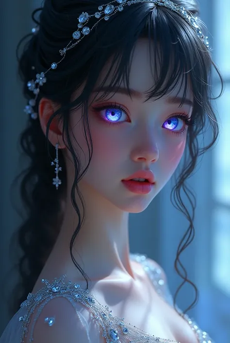 A princess, angelic in appearance, his expression is one of sadness, your eyes alternate between blue and purple, your skin is clear and bright like the moon, your clothes cover your shoulders, has many layers and silver, studded with crystals. Your hair i...