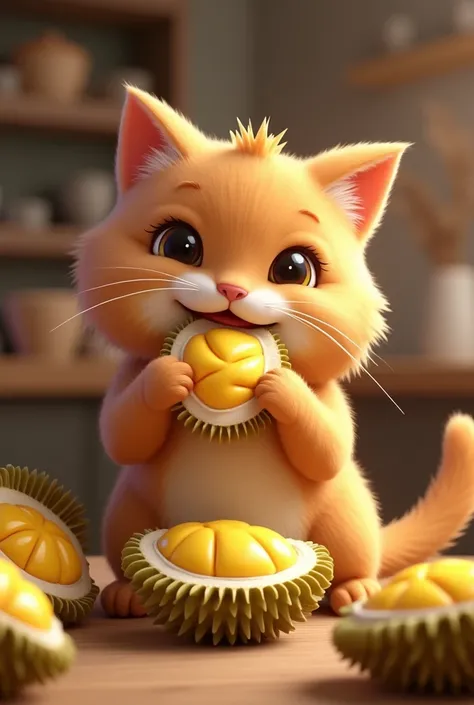 Create a brown cat mascot eating durian cookies.