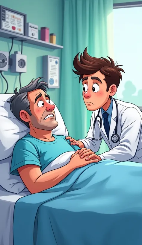 The male patient in the hospital bed is explaining something seriously to the male doctor. cartoon, fhd, 8k 