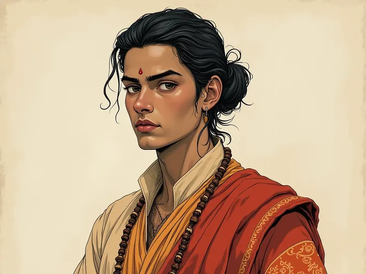 Ink painting style，Ancient India，Wearing the gorgeous clothes of Indian Brahmins，Age 22，He has a noble temperament。Tall and straight，Handsome face，The eyes are deep and bright，As if hiding endless thoughts。His hair was dark and thick，Bundled neatly behind ...