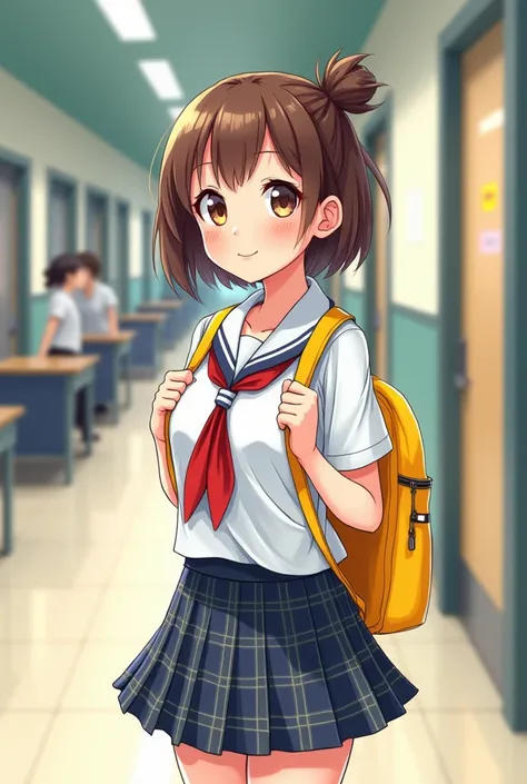 Comic girl Highschool with short Tied Up brown hair, brown eyes, white skin,  with yellow bag and Korean Highschool uniform.