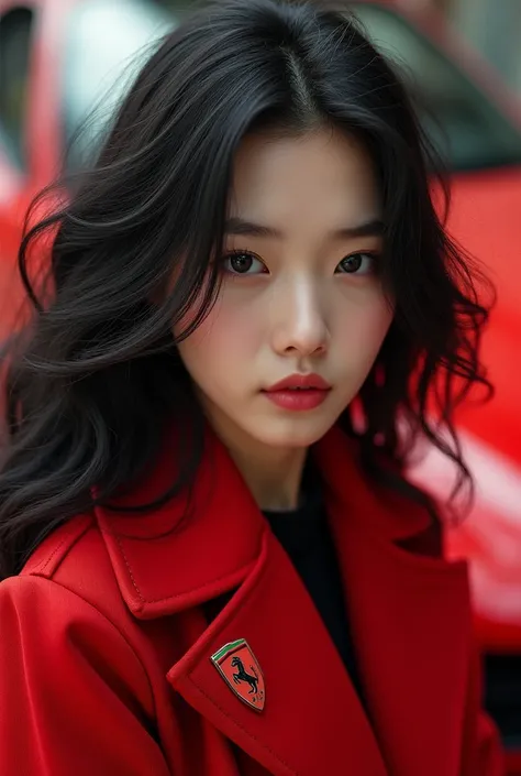 Beautiful korean woman, wearing a Ferrari coat, realistic, close up picture, black fluppy hair, Ferrari car background