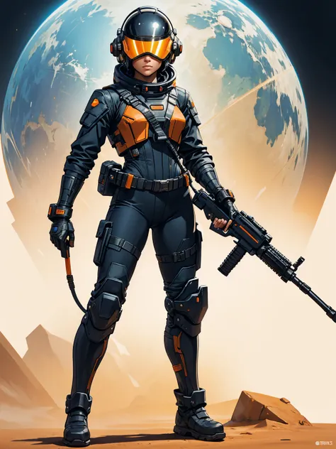 a female dressed in a retro-futuristic space suit standing against a dark gradient background. the suit is primarily orange with...