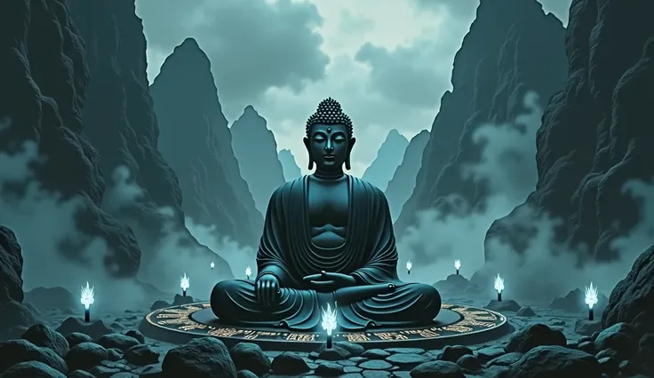 "A dark and mythological environment featuring Buddha, with a mysterious and serious expression. Surrounding him are ominous mountains and dense clouds, along with shadowy, ghostly figures. Glowing flowers and ancient symbols encircle him, hinting at spiri...