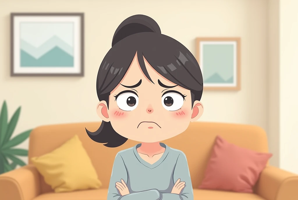 1A middle-aged woman standing in the living room，After hearing an elderly woman speak，Frowning，An irritated expression on his face。Cartoon，可爱Cartoon，可爱Cartoon风格，Cute illustration，Clean anime art，Simple background
