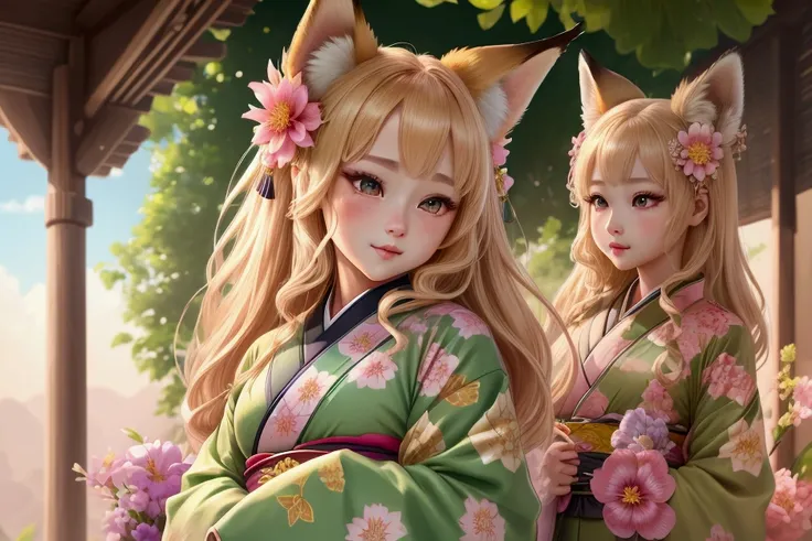 beautiful fox ears girl、kimono long-sleeved kimono、cute、bright atmosphere、fun、active、one girl、detailed face、beautifully detailed...