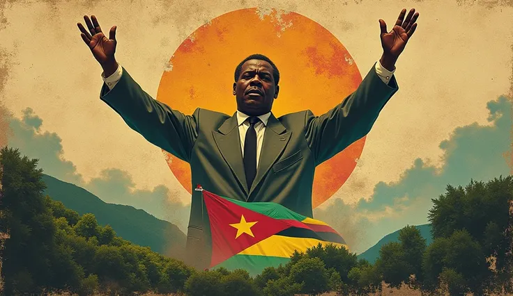 "Eduardo Mondlane as a symbol of Mozambique&#39;s independence"
A symbolic image of Mondlane with the map of Mozambique in the background, their hands raised in a gesture of hope, surrounded by Mozambican landscapes and the country&#39;s flag.