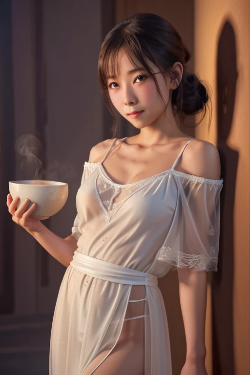 a cute yuna, 2, wearing a sheer night gown without underwear, off the shoulders, leaning against a wall, enjoying a bowl of stea...