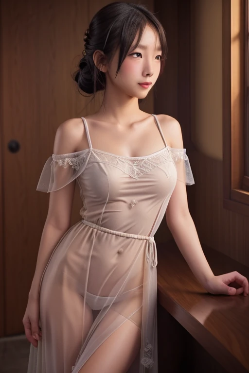 a cute yuna, 2, wearing a sheer night gown without underwear, off the shoulders, leaning against a wall, enjoying a bowl of stea...