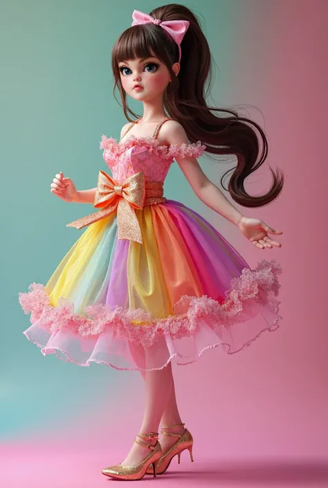 body not cropped, full length, red plump lips, realistic, looks like a living, funny, LOL doll girl, with green eyes, brunette with bangs with lush hair tied into a hairstyle, in a lush transparent rainbow dress, a big transparent bow, smiling, beautiful s...