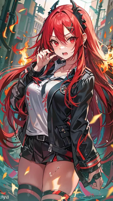 A giant flaming axe,Best Quality, High school girl,Textured skin, Red Hair, Flame-shaped headband,Low ponytail, Red eyes, Double teeth, Black happi coat,Sarashi on the chest,Dripping Sweat,Character portrait, anime, Bad Girl,Belligerent,Shiny Hair, 