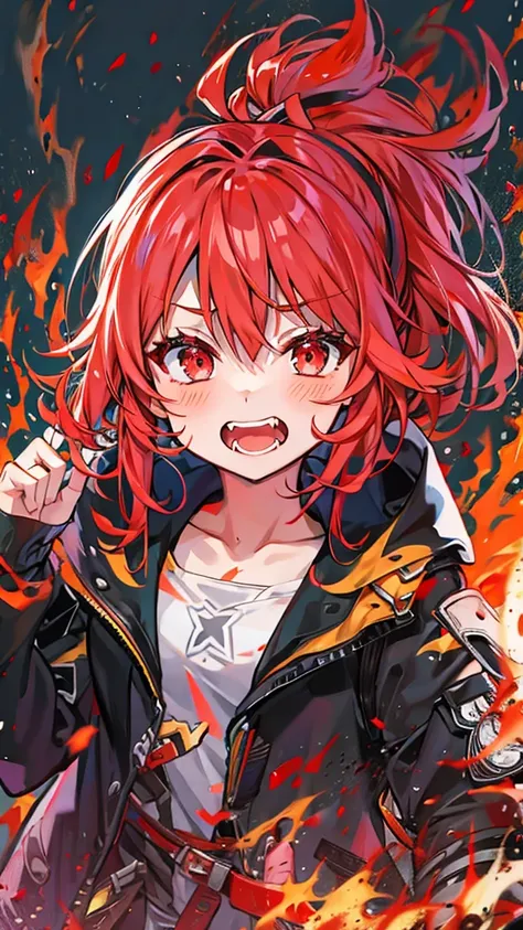 A giant flaming axe,Best Quality, High school girl,Textured skin, Red Hair, Flame-shaped headband,Low ponytail, Red eyes, Double teeth, Black happi coat,Sarashi on the chest,Dripping Sweat,Character portrait, anime, Bad Girl,Belligerent,Shiny Hair, 