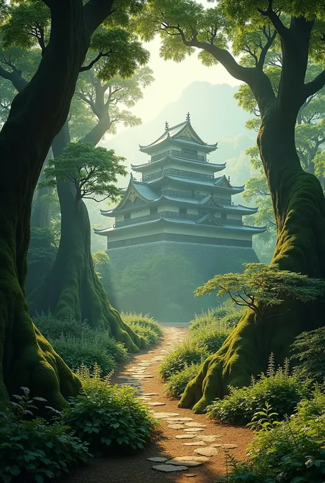 photorealist scenery of a japanese forest with a castle